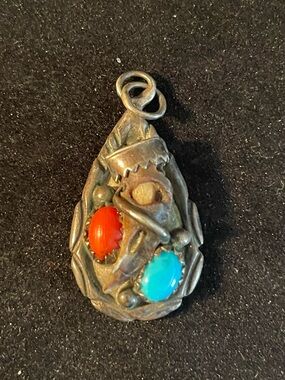 Vintage Navajo “RB” Marked Signed Sterling Silver Turquoise & Coral Claw Pendant